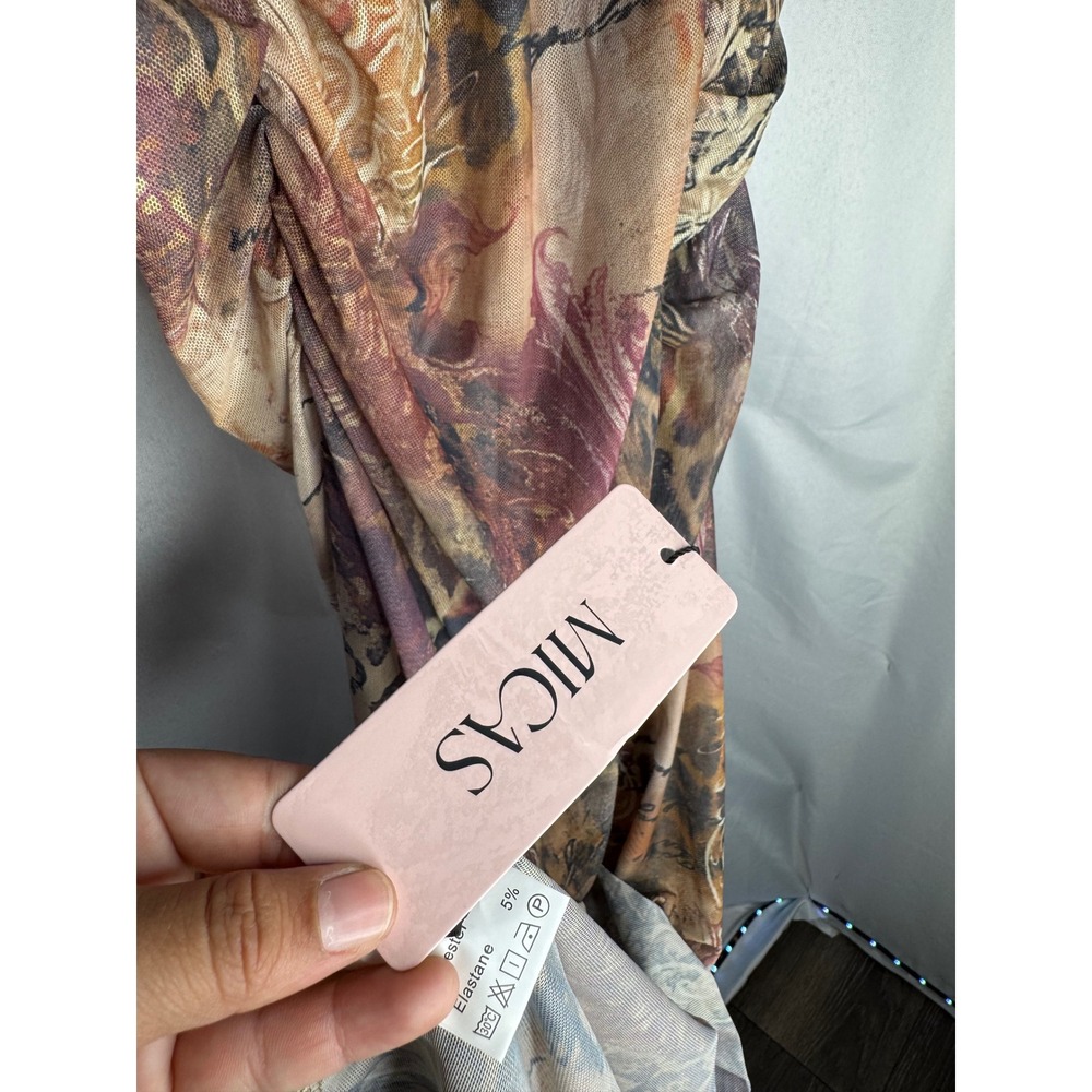 Vintage Mesh Maxi Dress Leopard Floral Script Print Ruffle Trim Bodycon Brown - Picture 13 of 13